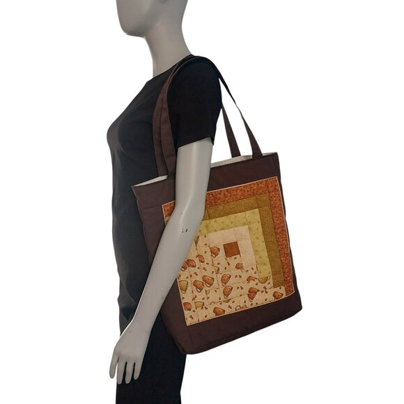 Rachel Lapp Quilted Tote Cottagecore Amish Patchwork Signed Brown Neutrals - Picture 6 of 12
